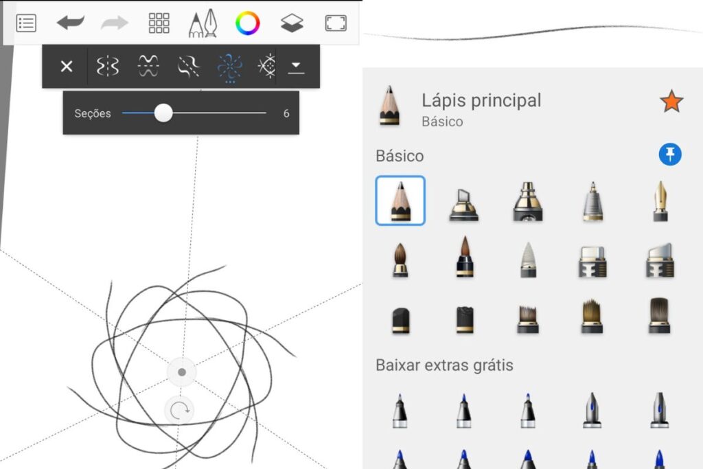 Sketchbook é um aplicativo para desenhar no celular - captura de tela dos Pincéis e interface inicial
