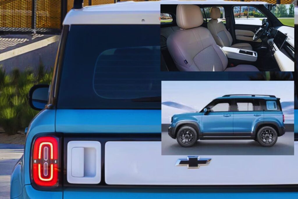 Traseira do Chevrolet Spark EUV azul com destaque para a lanterna em LED e imagens do interior e lateral do veículo.