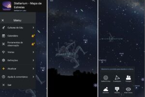 Interface do aplicativo Stellarium mostrando constelações no céu, exemplo de um dos melhores aplicativos para ver as estrelas.