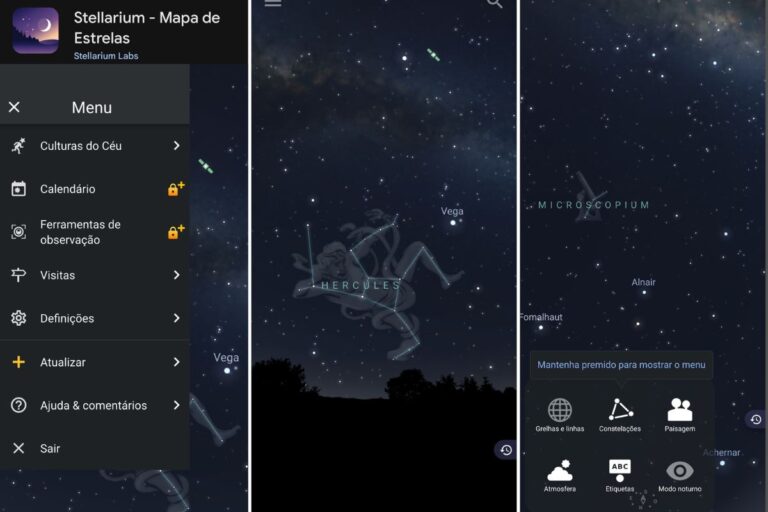 Interface do aplicativo Stellarium mostrando constelações no céu, exemplo de um dos melhores aplicativos para ver as estrelas.