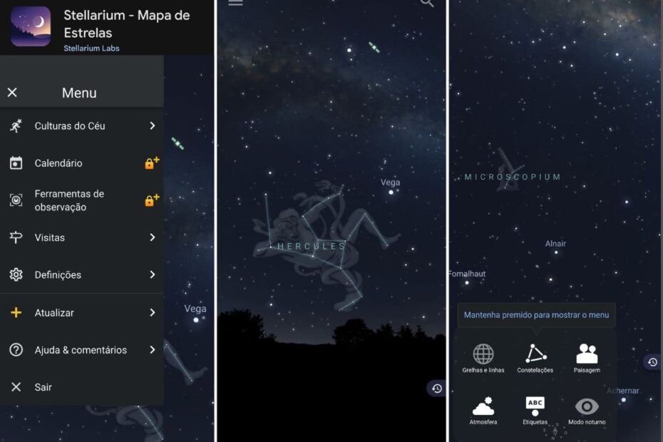 Interface do aplicativo Stellarium mostrando constelações no céu, exemplo de um dos melhores aplicativos para ver as estrelas.