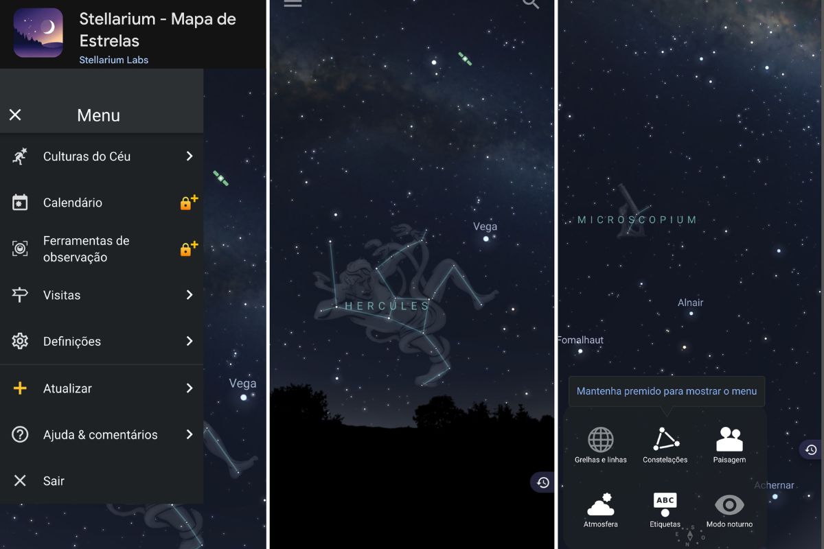 Interface do aplicativo Stellarium mostrando constelações no céu, exemplo de um dos melhores aplicativos para ver as estrelas.